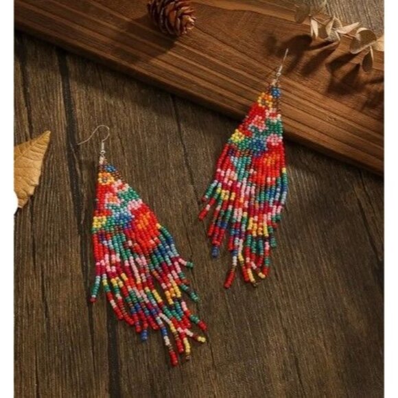 Handmade Flower Pattern Beads Tassel Drop Earring - Picture 2 of 2